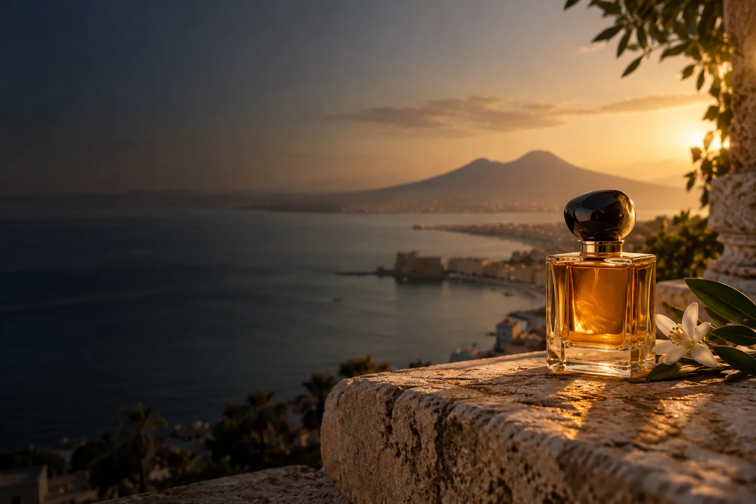 Paesaggio mediterraneo al tramonto con flacone di profumo